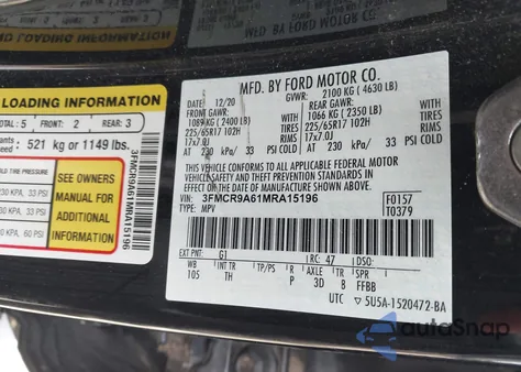 2021 Ford Bronco Sport z USA, uszkodzony, nr VIN 3FMCR9A61MRA15196